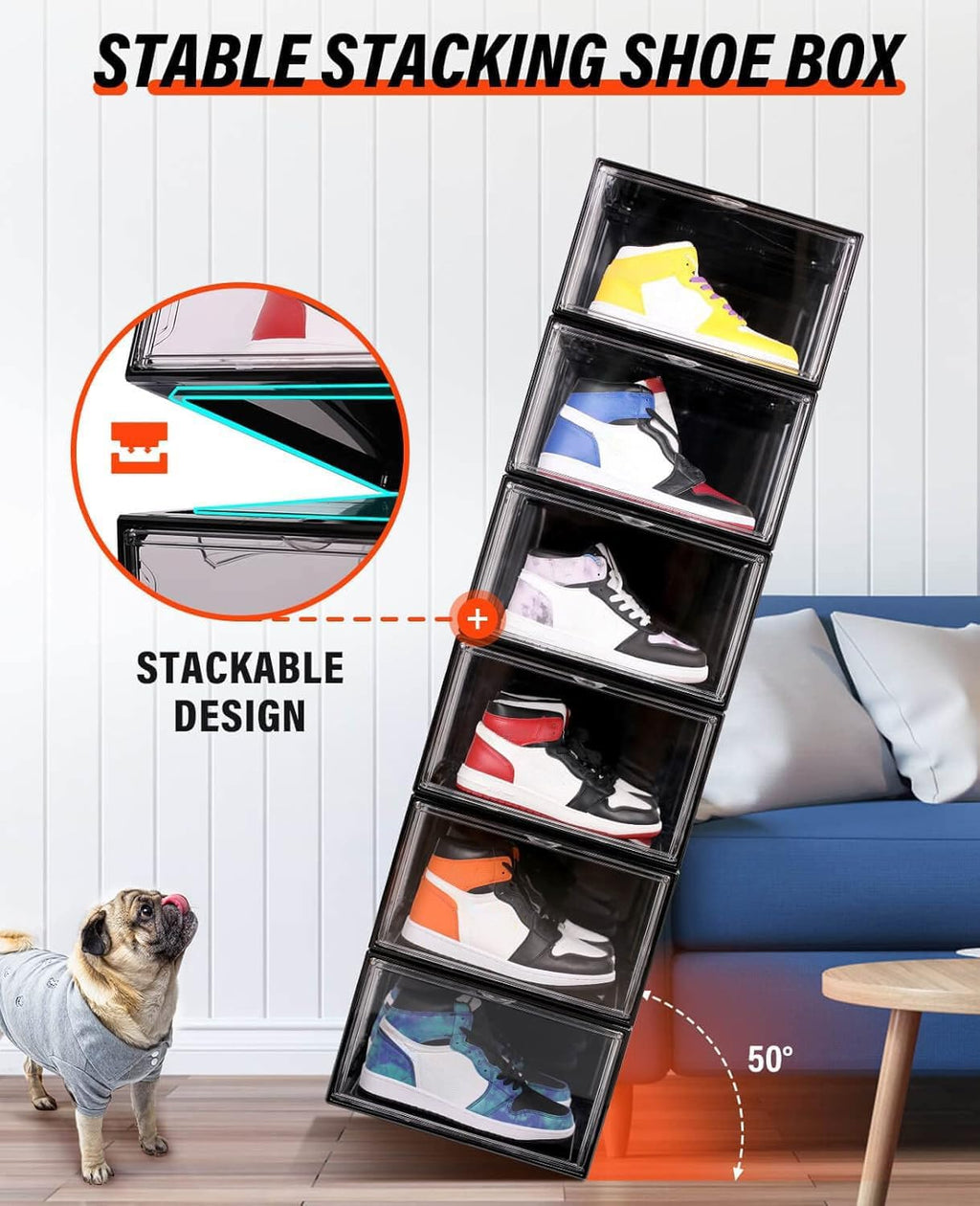KDOR Clear Shoe Boxes Stackable, 3 Pack Shoe Storage Box with Lids Magnetic Door, Clear Sneaker