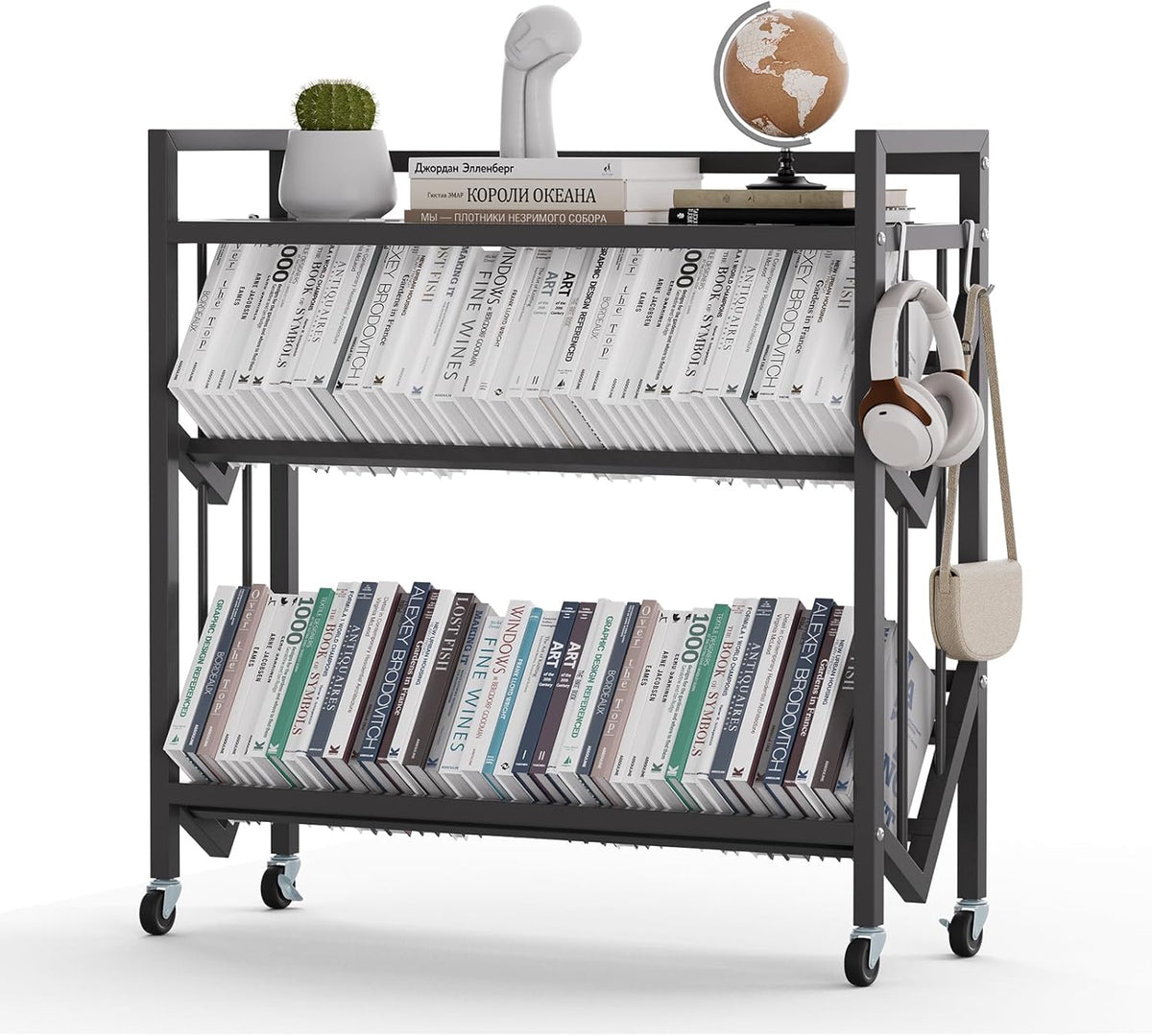 Book Carts 3 Tier 35.4x32x9.84 in Rolling Book Cart Large Capacity Bookshelf Storage Rack Mobile