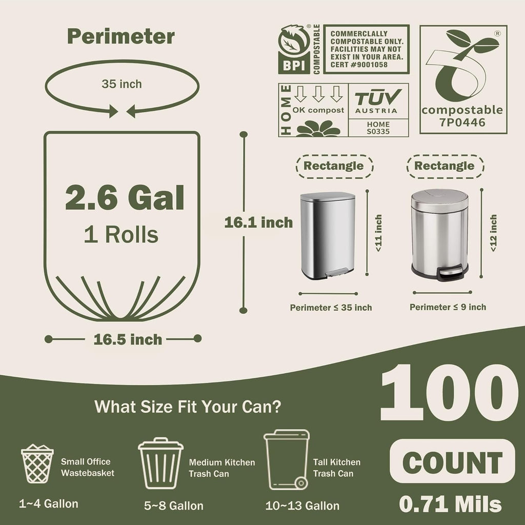 Compostable Trash Bags, 2.6 Gallon, 100 Count, 100% Compost Waste Bags for Kitchen Bathroom Office