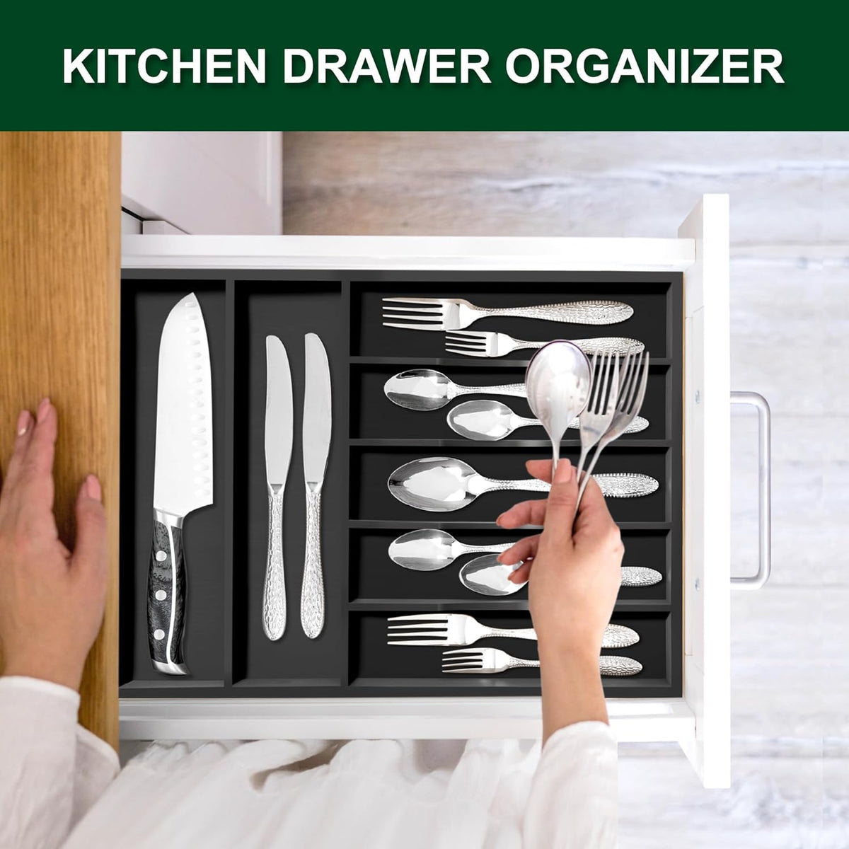 Bellsal Black Utensil Organizer 12.5 Inch Silverware Tray for Drawer Utensil Holder Cutlery