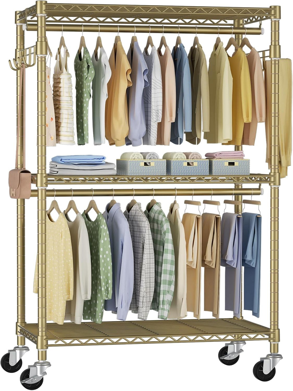 FUTASSI P1 Rolling Clothes Rack, Movable Metal Garment Closet Organizer with Lockable Wheels