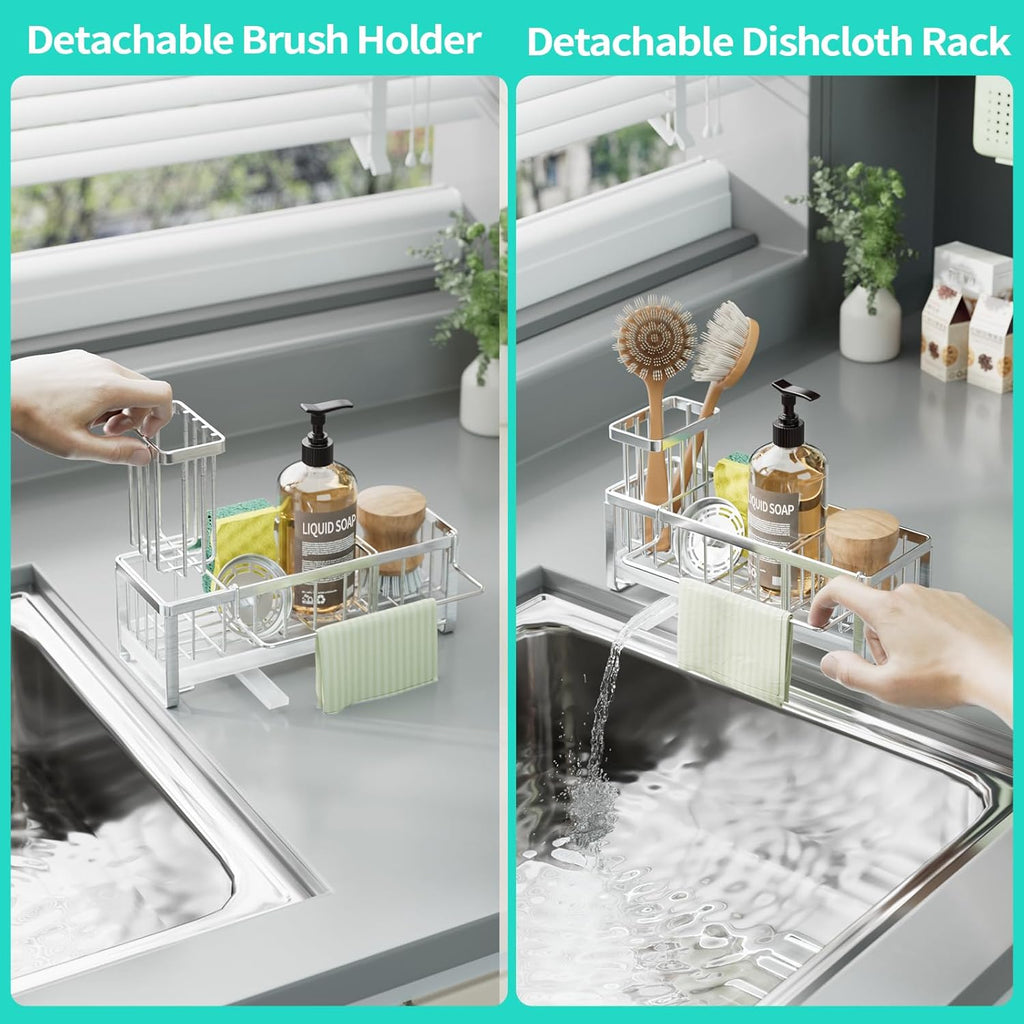 HapiRm Sponge Holder for Kitchen Sink - Self-draining Sink Caddy with Brush Holder and Dishcloth