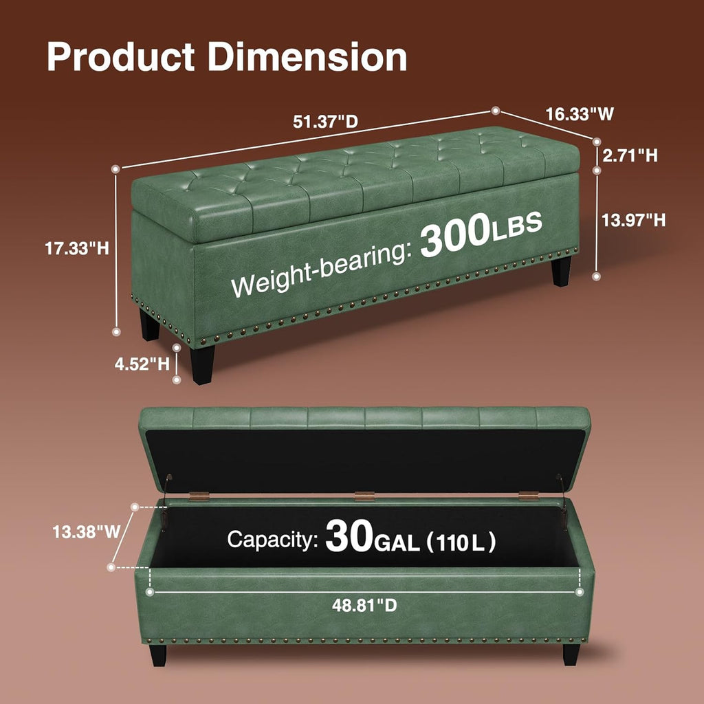 Storage Ottoman Bench, 51-Inch Large Storage Bench for Bedroom End of Bed, 30 Gallons Faux Leather