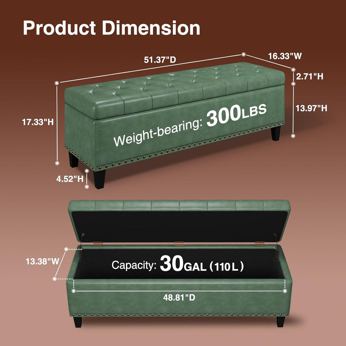 Storage Ottoman Bench, 51-Inch Large Storage Bench for Bedroom End of Bed, 30 Gallons Faux Leather