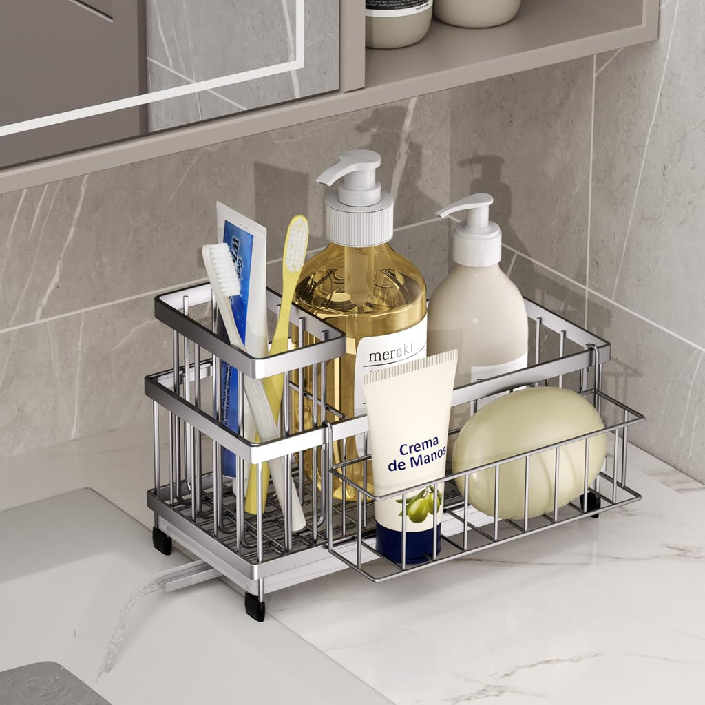 SWTYMIKI Sink Caddy Sponge Holder - Large Sponge Holder for Kitchen Sink with 360°Auto-Drain Tray