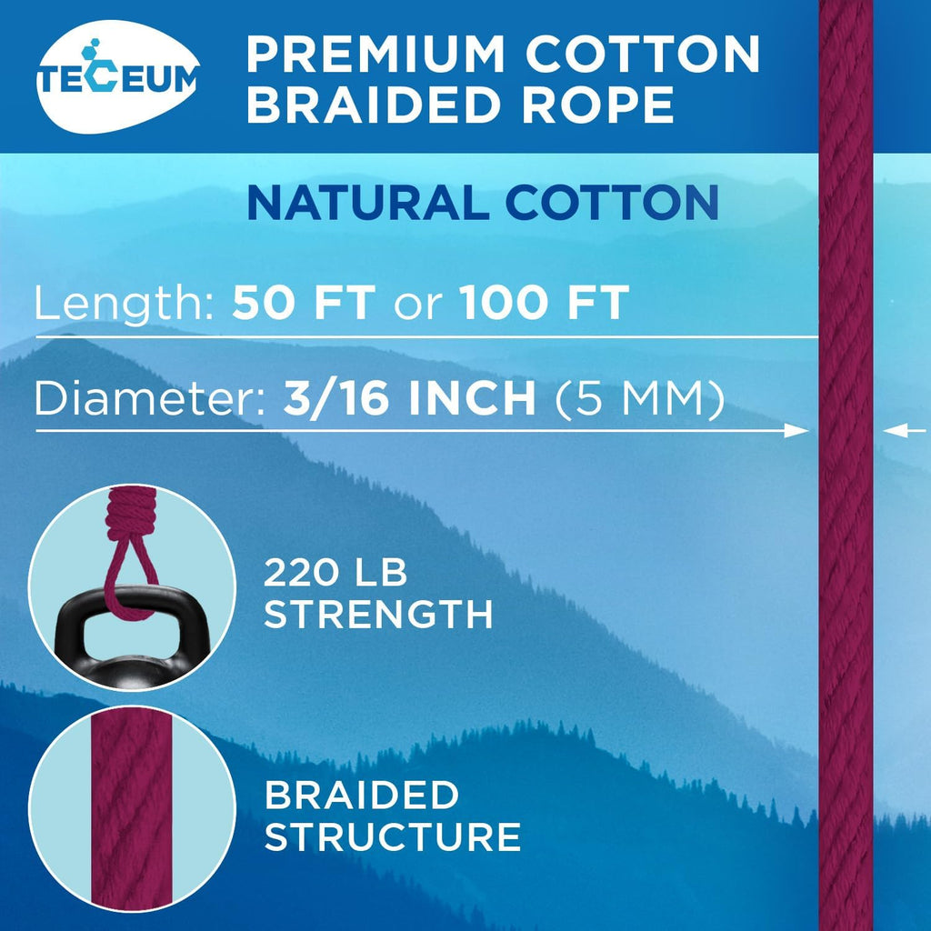 TECEUM Cotton Rope 3/16” (5 mm) – 100 FT – Strong All-Purpose Braided Rope – Natural Cotton – for