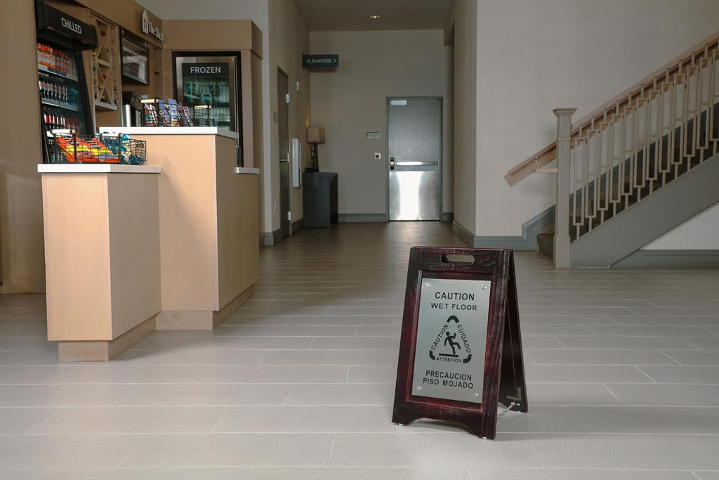 Premium Wooden Caution Wet Floor Sign – Bilingual w/Non-Skid Plastic Feet, Brushed Nickel Plate