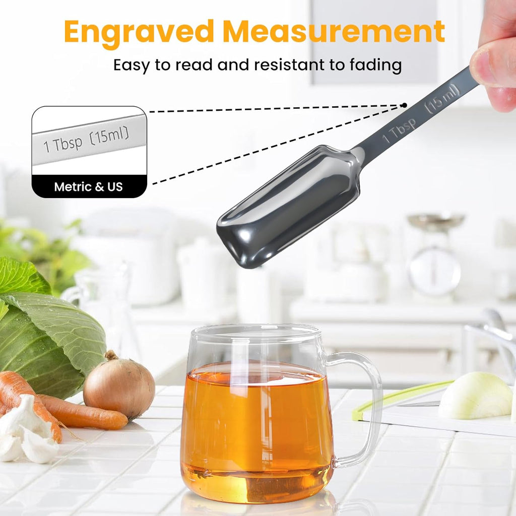 Stainless Steel Measuring Spoons Set of 13, Includes 7 Rectangular Measuring Spoons, 1 Leveler & 5