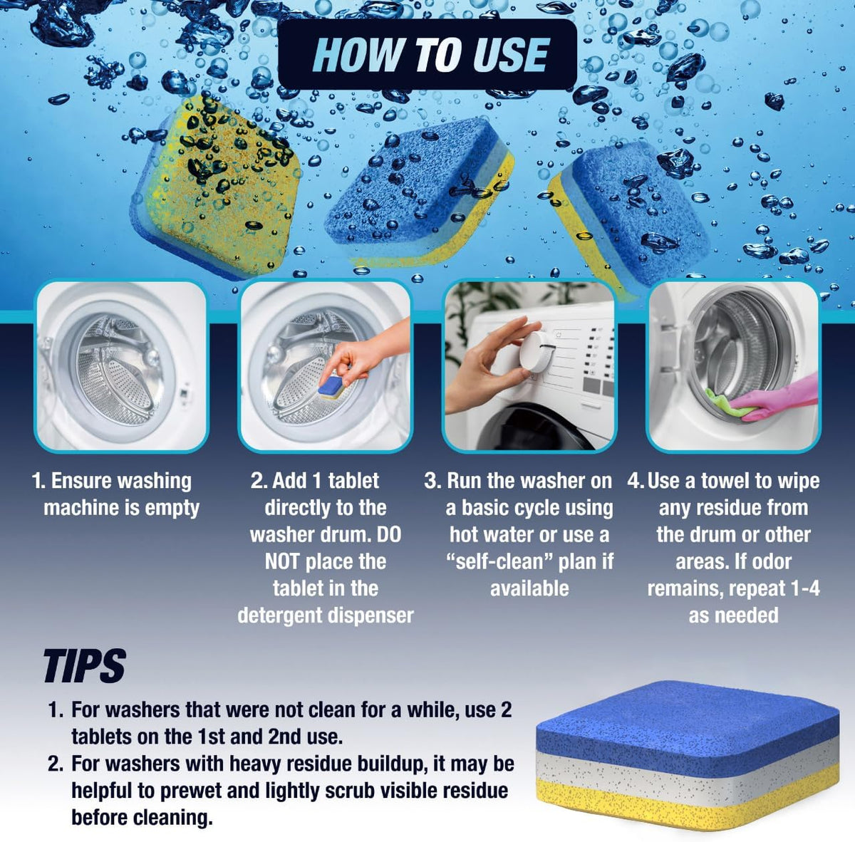 Washing Machine Cleaner Tablets 14 Pack for HE Front Load - Eco Friendly Washer Cleaning Tablets