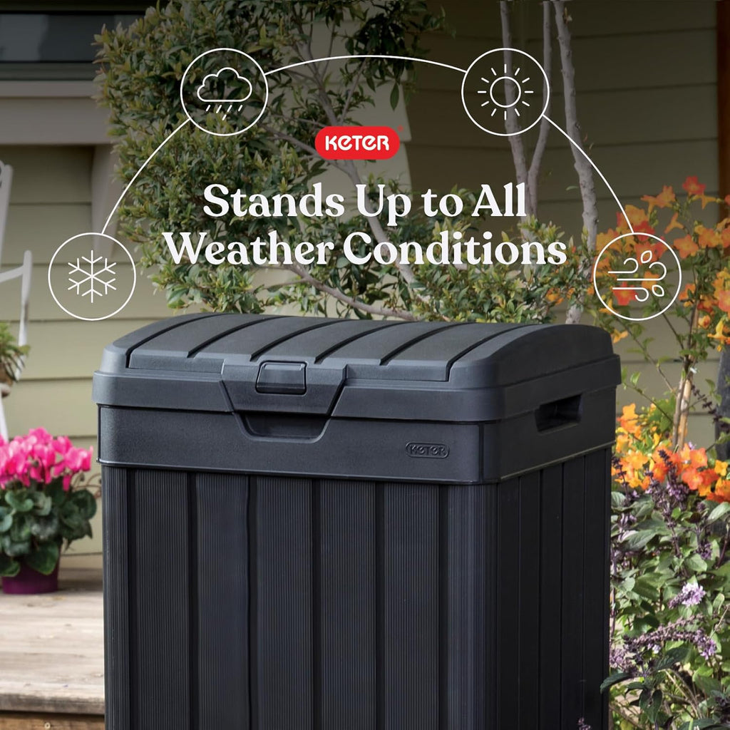 Keter Baltimore Resin 38 Gallon Outdoor Kitchen Trash Can with Lid and Drip Tray for Easy