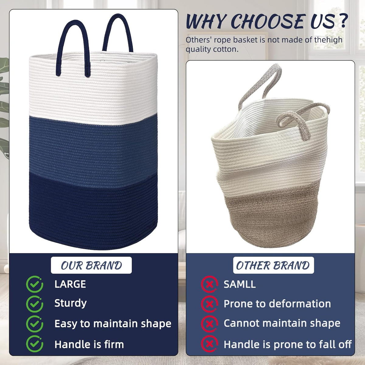 Woven Laundry Basket for Clothes,65 L Large Rectangle Laundry Hampers with Beads Tassel, Nursery