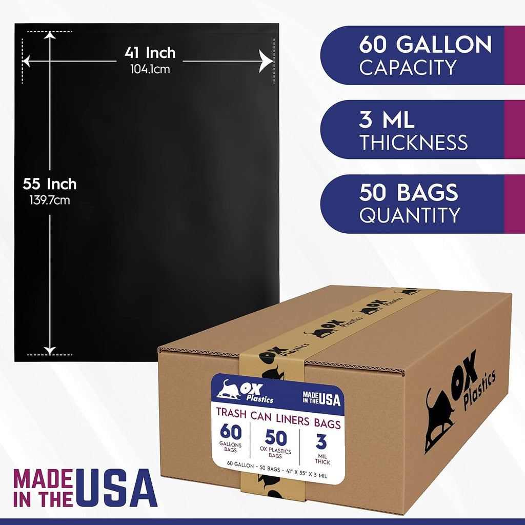 Ox Plastics Trash Can Liners Bags - 60 Gallon Capacity & 3mil Thick Extra Heavy Duty Strength - 50