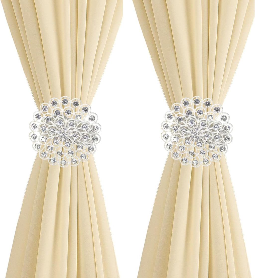 2 Pack Crystal Flower Curtain Tiebacks – Decorative Spring Wire Buckle Clips with Sparkling