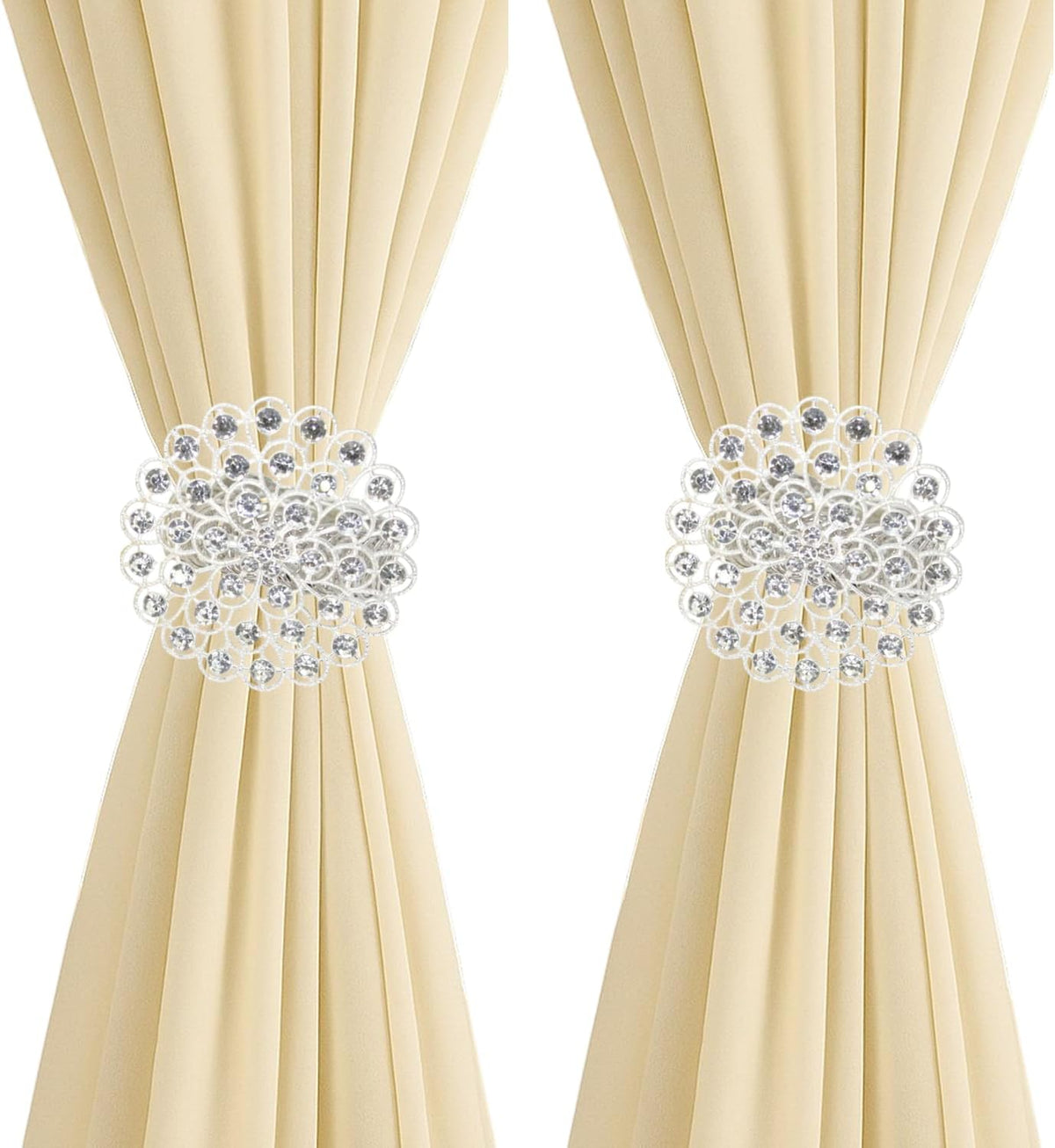 2 Pack Crystal Flower Curtain Tiebacks – Decorative Spring Wire Buckle Clips with Sparkling