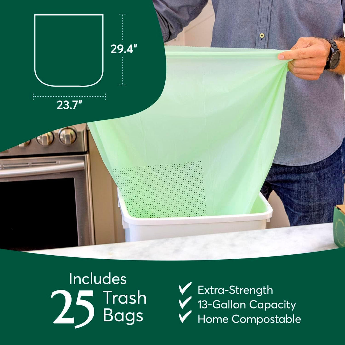 Cleanomic Compostable* Trash Bags with Drawstring (13 Gallon, 25 Units, Tall), BPI Certified For