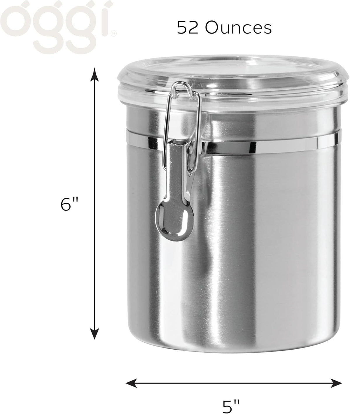 OGGI Stainless Steel Kitchen Canister 52 fl oz - Airtight Clamp Lid, Clear See-Thru Top - Ideal for