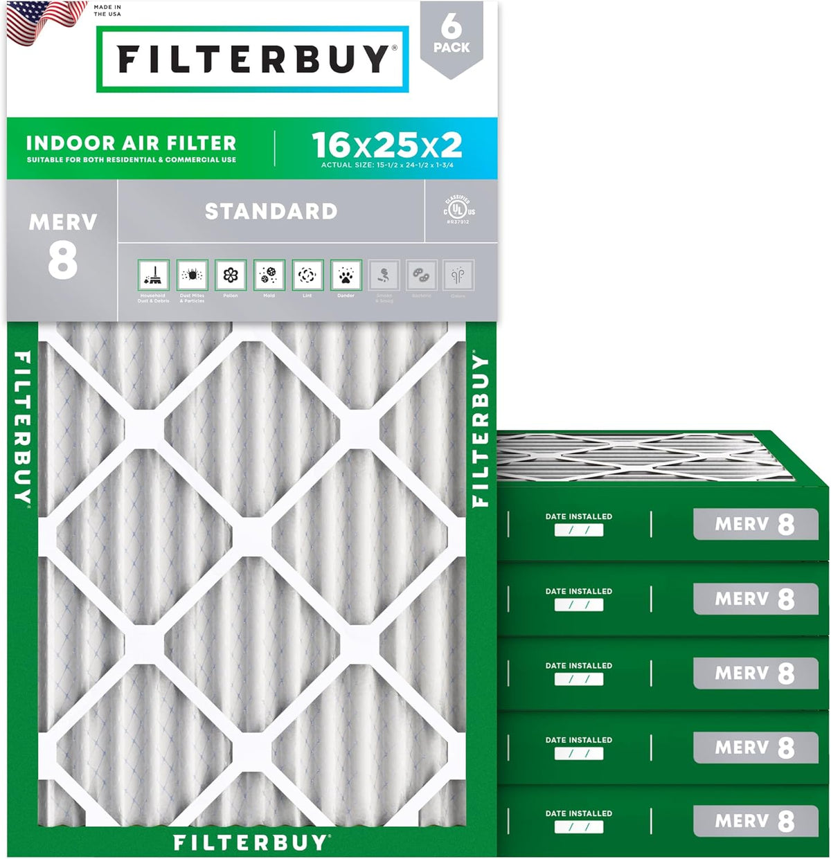 Filterbuy 16x25x2 Air Filter MERV 8 (MPR 700) Dust Defense Replacement (6-Pack), Electrostatic