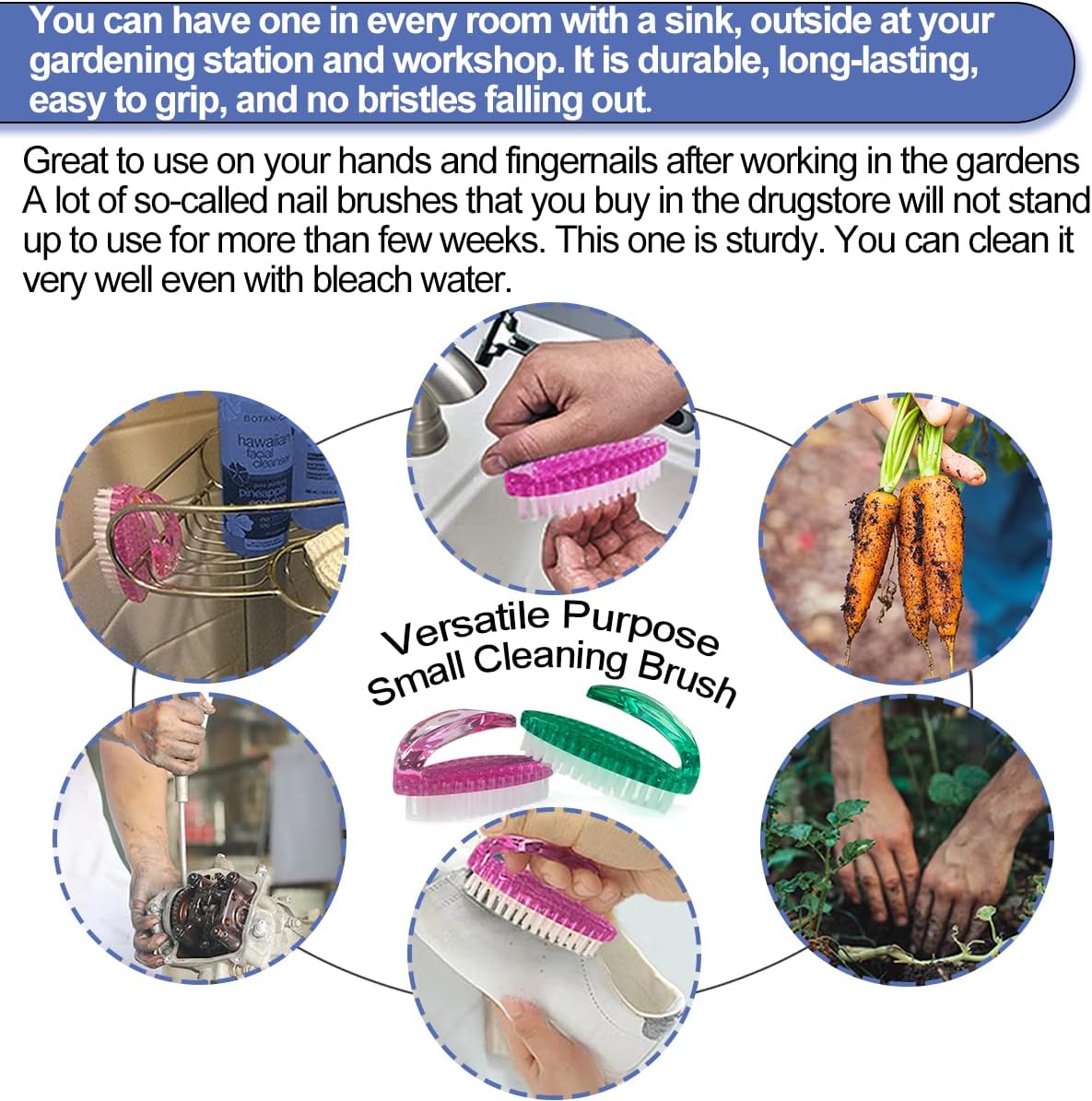 Handle Grip Nail Brush for Cleaning Fingernails Hands & Under Nails, Stiff Bristle Mechanic Scrub