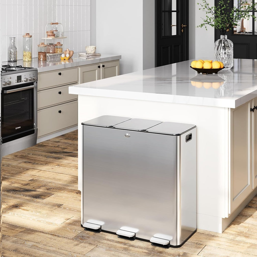 90L/3 x 7.9 Gal Trash Can,Three-Compartment Pedal Stainless Steel Kitchen Recycling Trash Can with