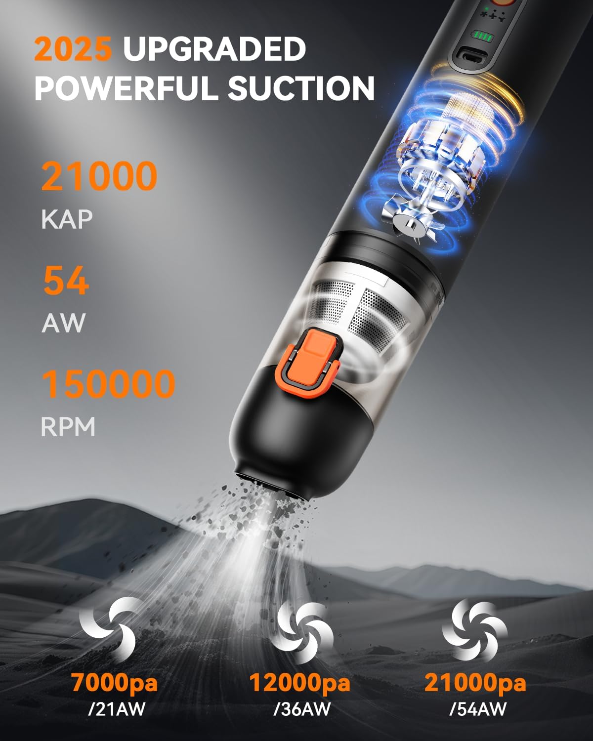 Car Vacuum, Handheld Vacuum Cordless with 21000Pa Powerful Suction & 3 Modes, 4-in-1 Portable Hand
