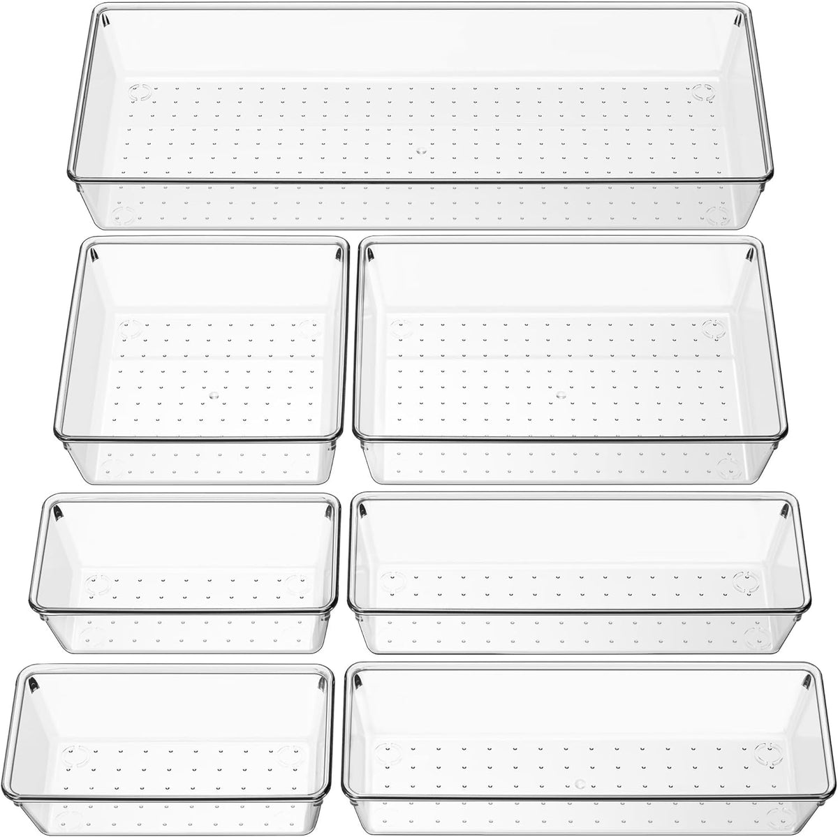 Criusia Clear Drawer Organizer 7 PCS - 5 Size Plastic Versatile Kitchen and Bathroom Organizer