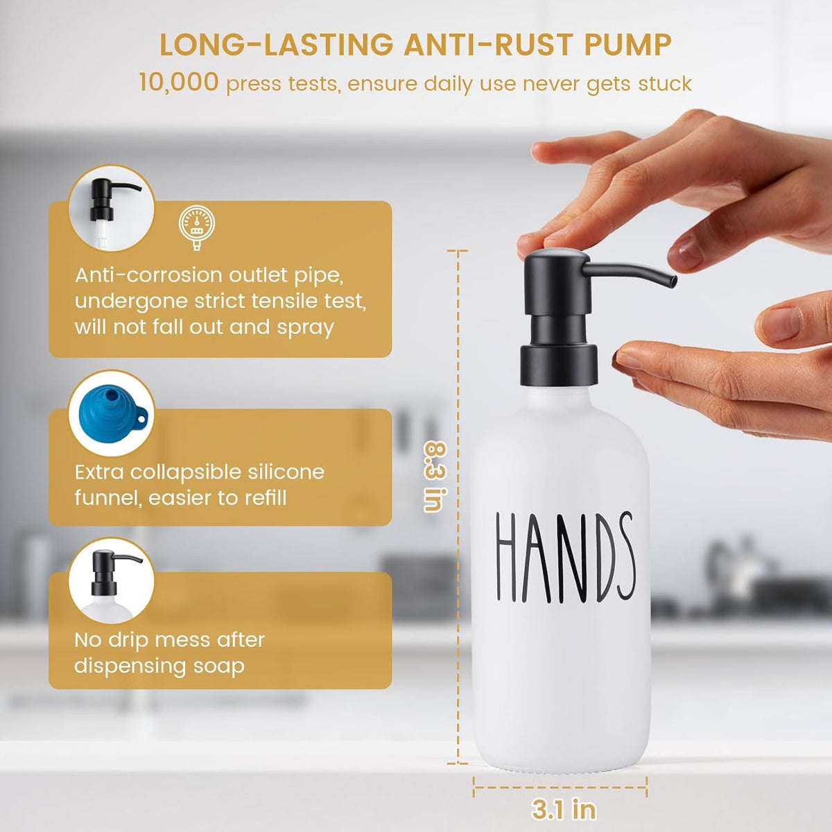 Glass Soap Dispenser for Kitchen, Farmhouse Dish Hand Soap Dispenser Set, Rustproof Pump Dispenser