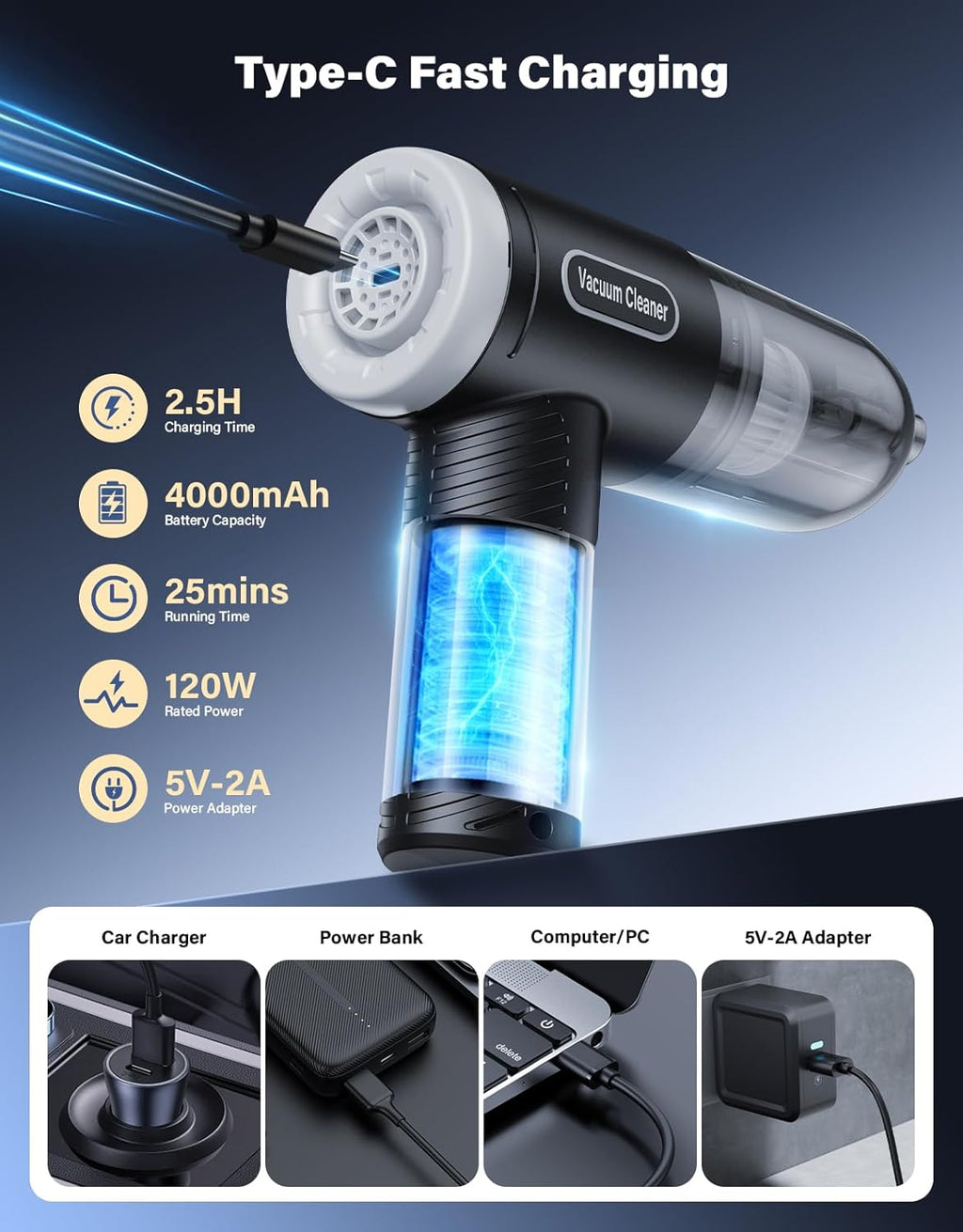 Car Vacuum Portable Cordless, 9000Pa Handheld Vacuum Mini Vacuum Cleaner High Power with Best