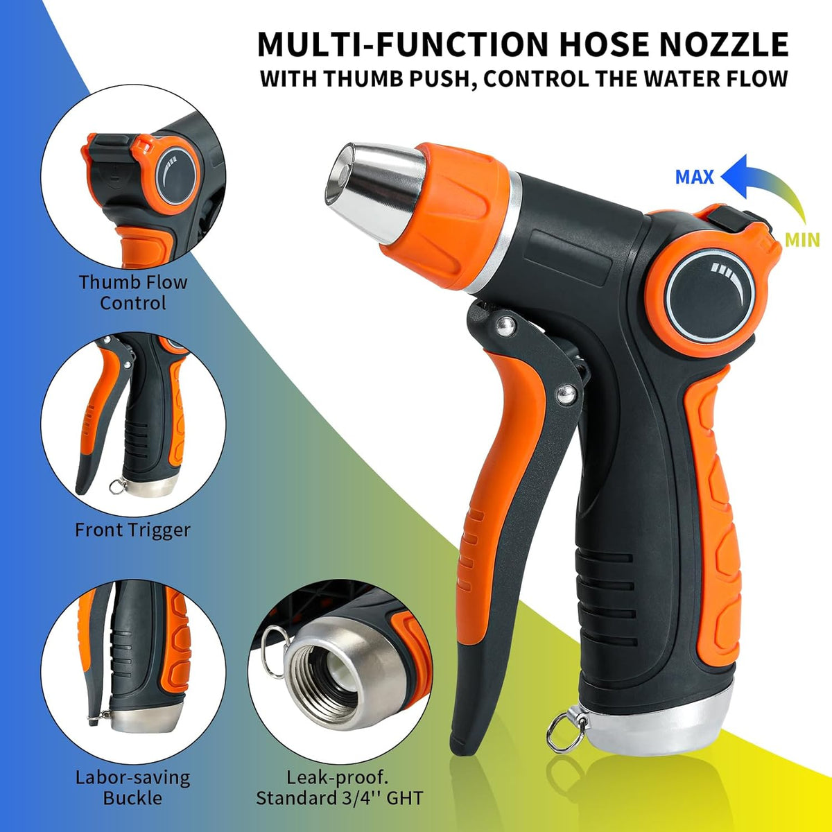 Garden Hose Nozzle Sprayer, Water Hose Sprayer Nozzle with 4 Spray Patterns, Water Flow Thumb