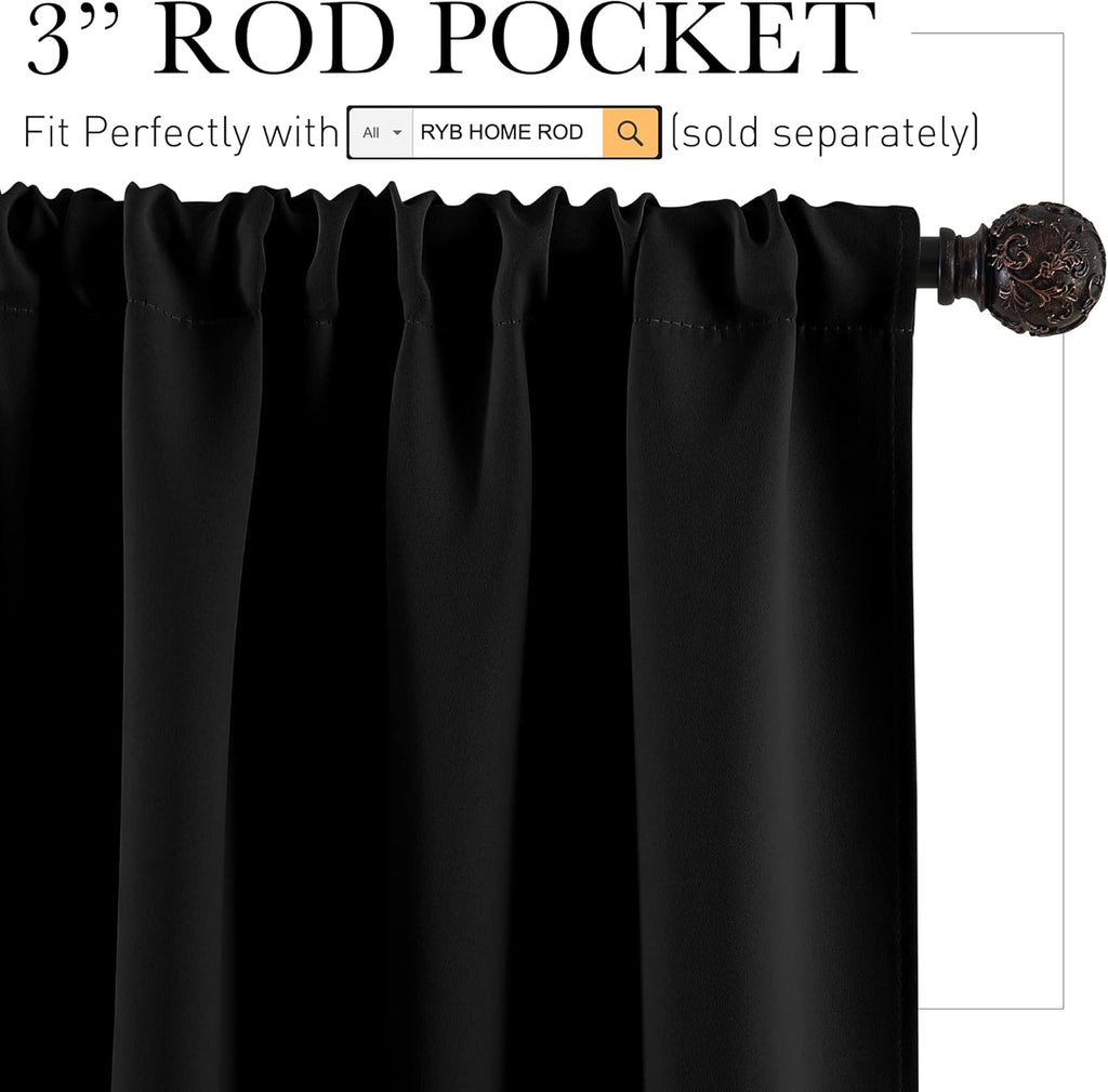 RYB HOME Black Curtain Panels for Nursery Soft Solid Energy Saving Drapes Window Treatments