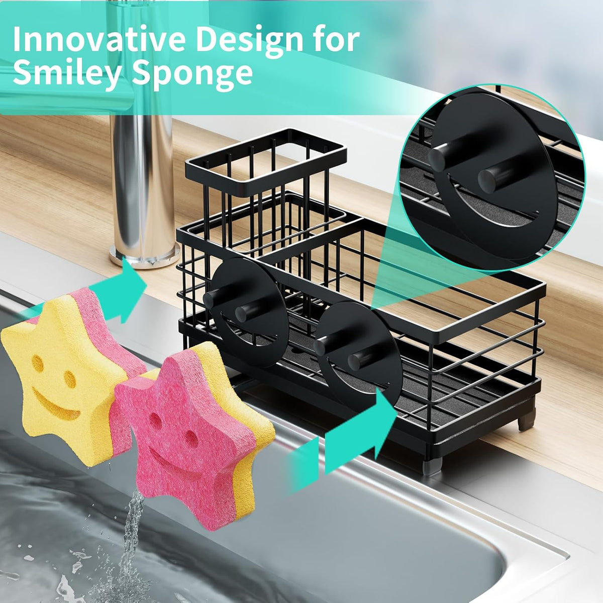 HapiRm Sink Caddy Sponge Holder - Self-draining Kitchen Sink Organizer with Smiley Face and Brush