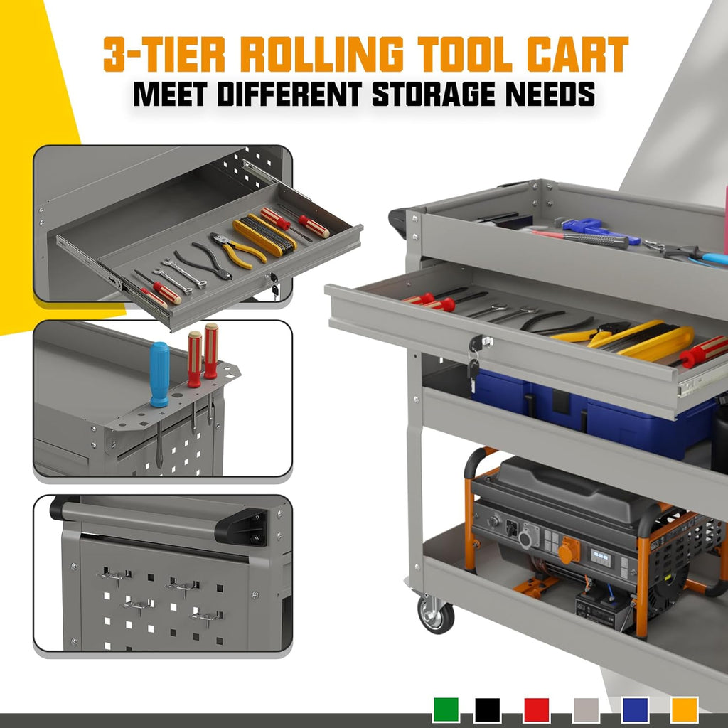 3 Tier Rolling Tool Cart with Drawers, 450 LBS Capacity Tool Cart on Wheels, Heavy Duty Rolling