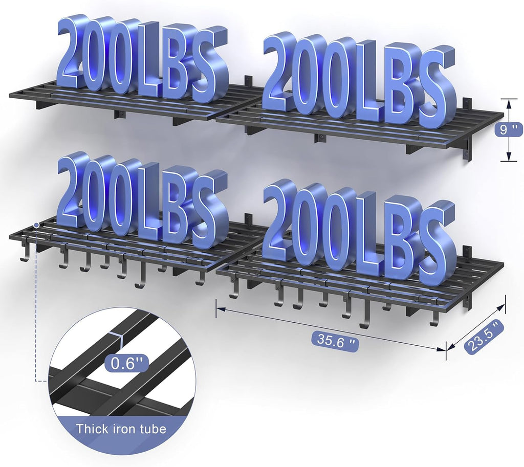 4-Pack 2x3ft Garage Shelving Wall Mounted, 2' x 3' Heavy Duty Garage Storage Shelves with Hooks