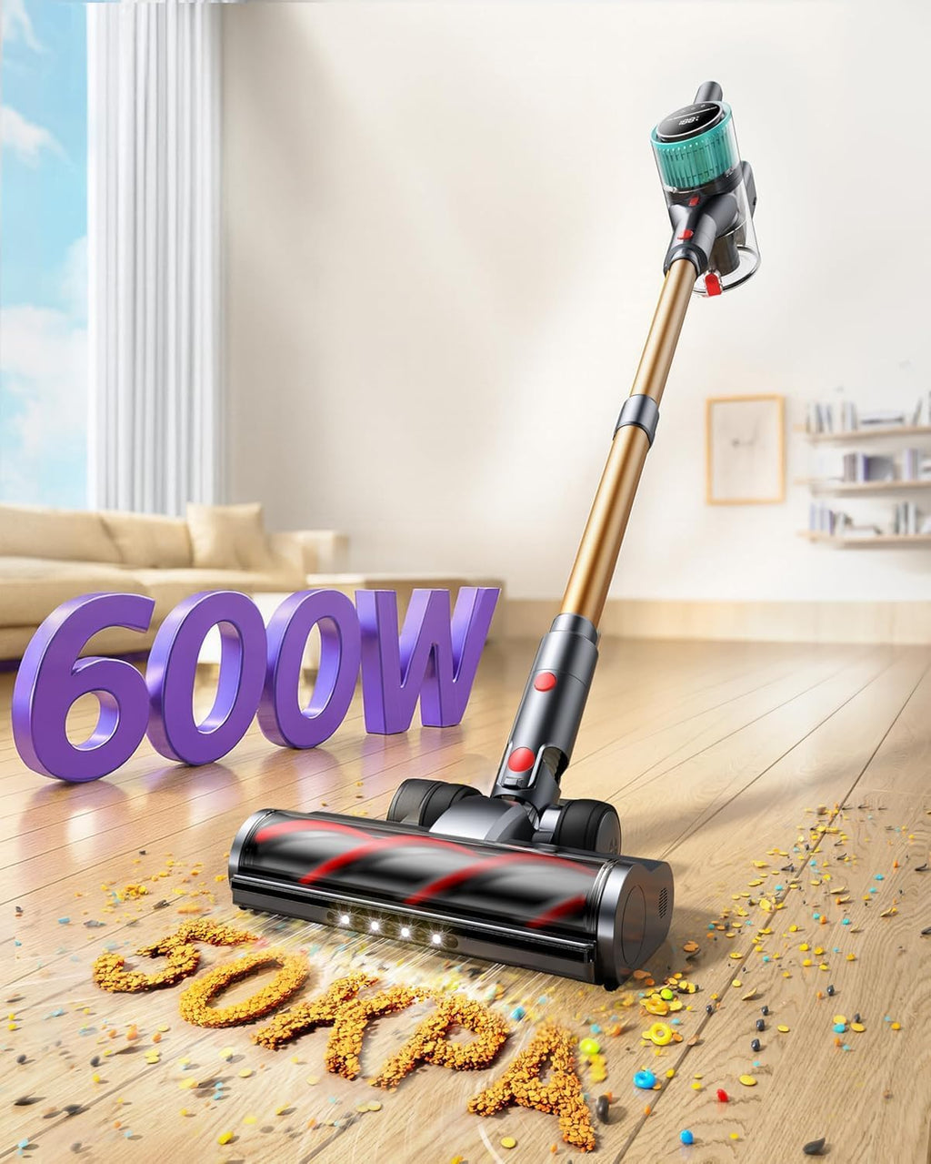 Cordless Vacuum Cleaner, 50Kpa 600W Vacuum Cleaners for Home, 60 Mins Stick Vacuum Cordless