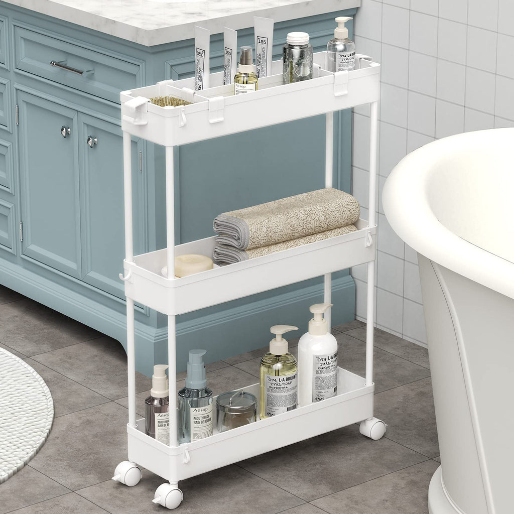 SPACELEAD Slim Storage Cart 3 Tier,Bathroom Organizer Rolling Utility, Mobile Shelving Unit Slide