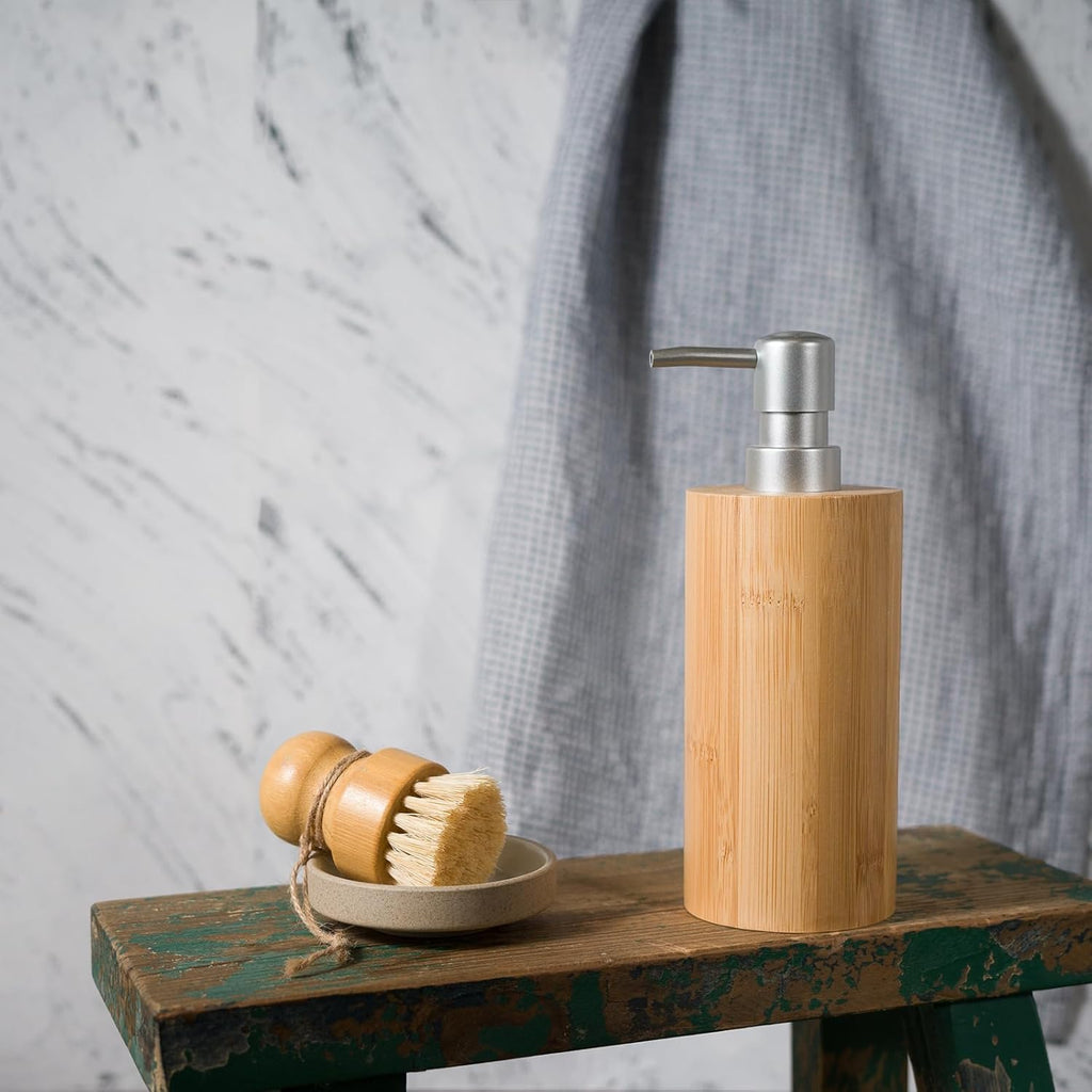 2 Pack Natural Bamboo Liquid Soap Dispensers, 10 oz Refillable Bottles with Silver Plastic Pumps