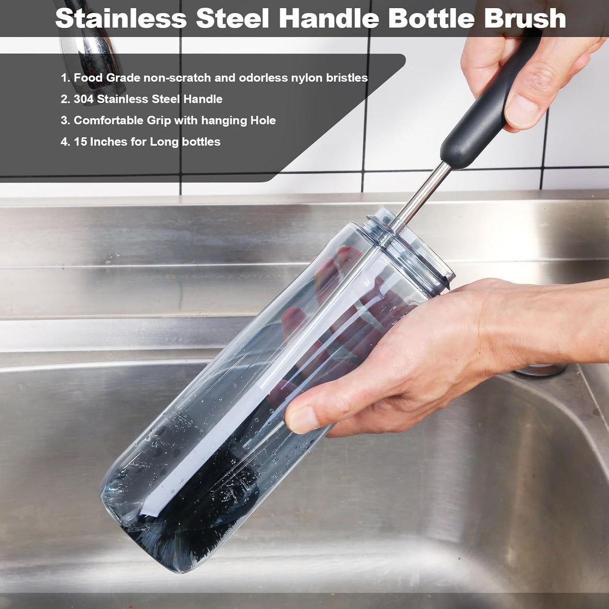 Water Bottle Brush with Straw Cleaner, 15 Inches Stainless Steel Handle Baby Bottle Brush Cleaner
