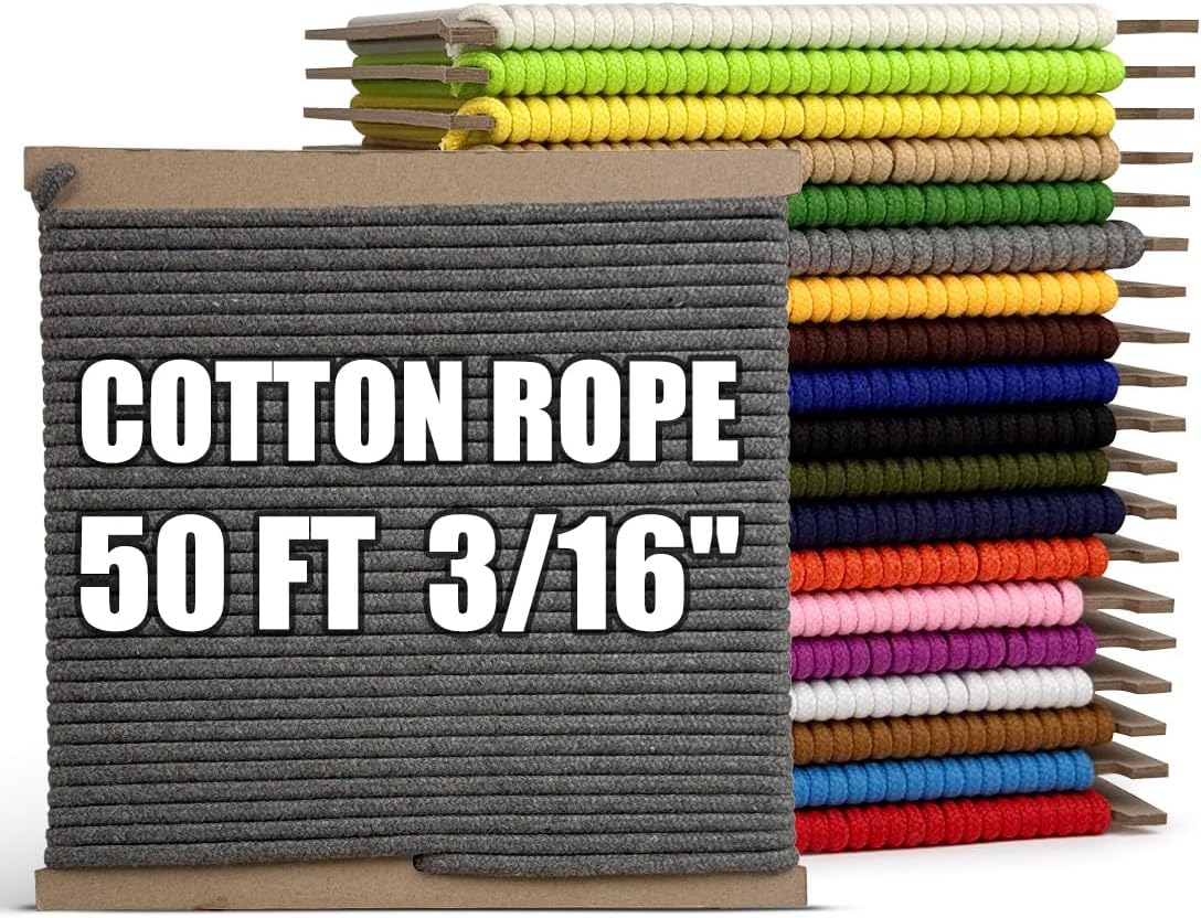 PerkHomy Cotton Rope 3/16" (5mm) 50 ft Multi Purpose Utility Diamond Braided Cord, Natural Cotton