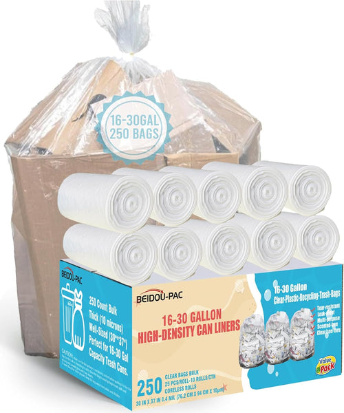 16-18-20-30 Gallon Trash Bags, 250 Count Bulk, Clear Plastic Recycling Bags, Multi-purpose Garbage