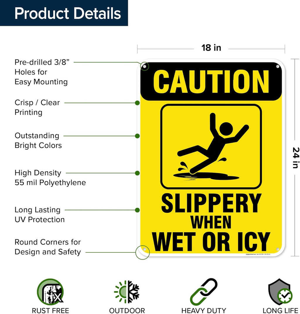 Caution Slippery When Wet Sign or ICY Sign, 18"x24" Polyethylene, Indoor/Outdoor Use, USA MADE By