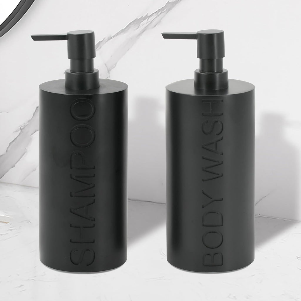 Matte Black Resin 2 Piece Shampoo and Body Wash Dispenser Set, Luxurious Refillable Pump Bottles