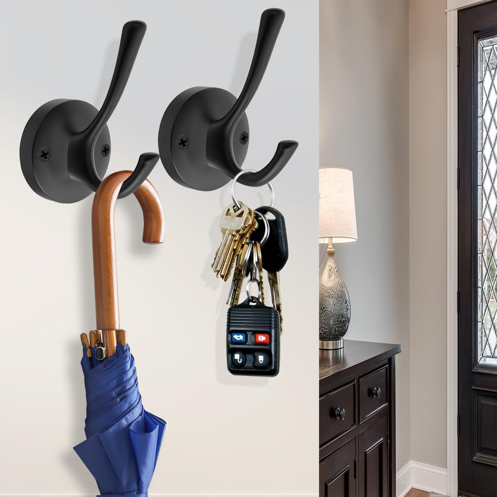 Black Wall Hooks Towel Hooks, 3 Pack Coat Hooks Robe Hook Heavy Duty Metal Double Bath Hook Wall