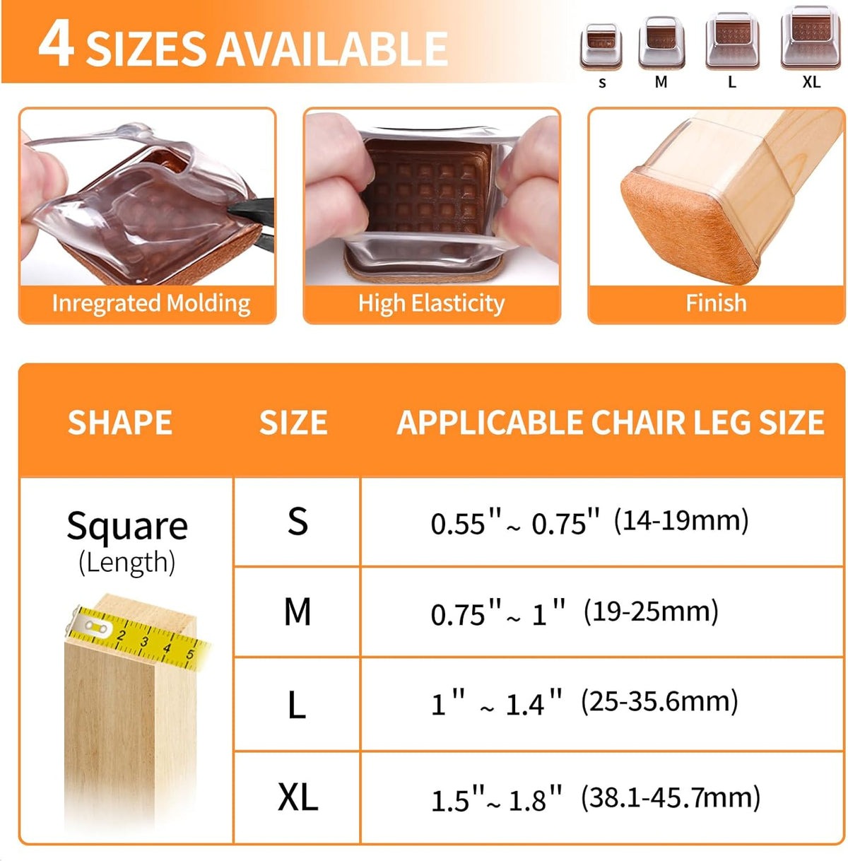 Ezprotekt 8 Pcs Extra Large Square Chair Leg Floor Protectors, Silicone Felt Furniture Pads for