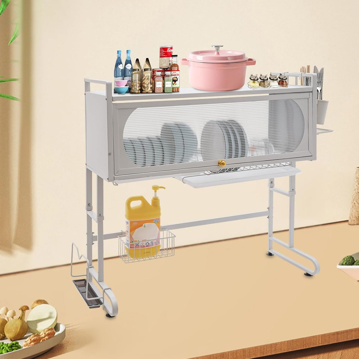 3 Tier Over The Sink Dish Drying Rack W/Clear Cabinet Door, Adjustable Dish Drainer Rack, White