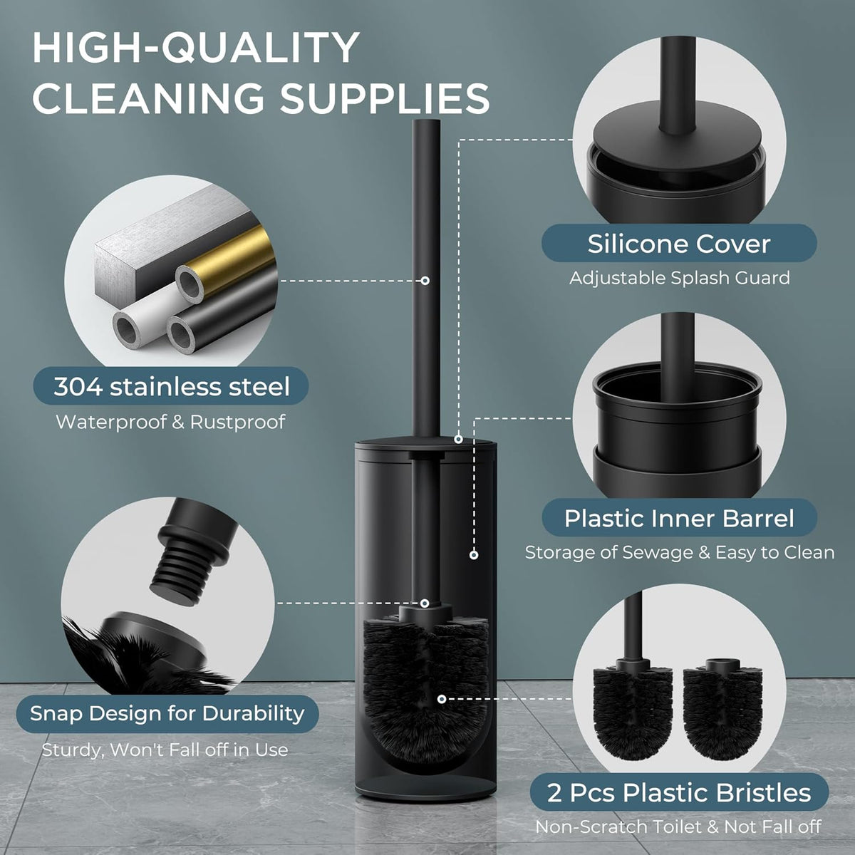 FORIOUS Toilet Brush and Holder Set Black, Heavy Duty 304 Stainless Steel Base and Long Handle