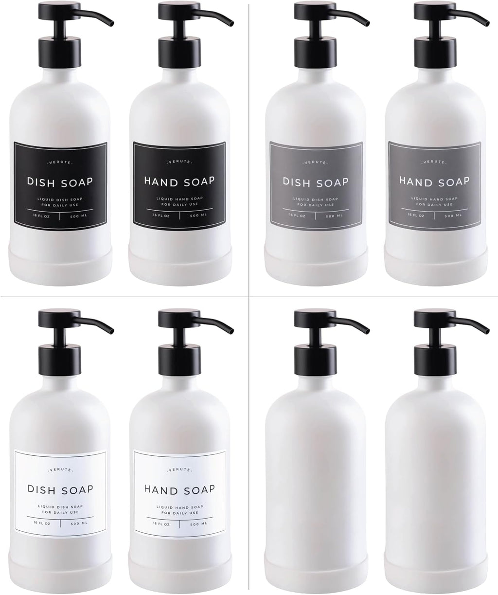 16oz Glass Soap Dispenser with Stainless Steel Pump, 21 Waterproof Labels, Non-Slip Protective