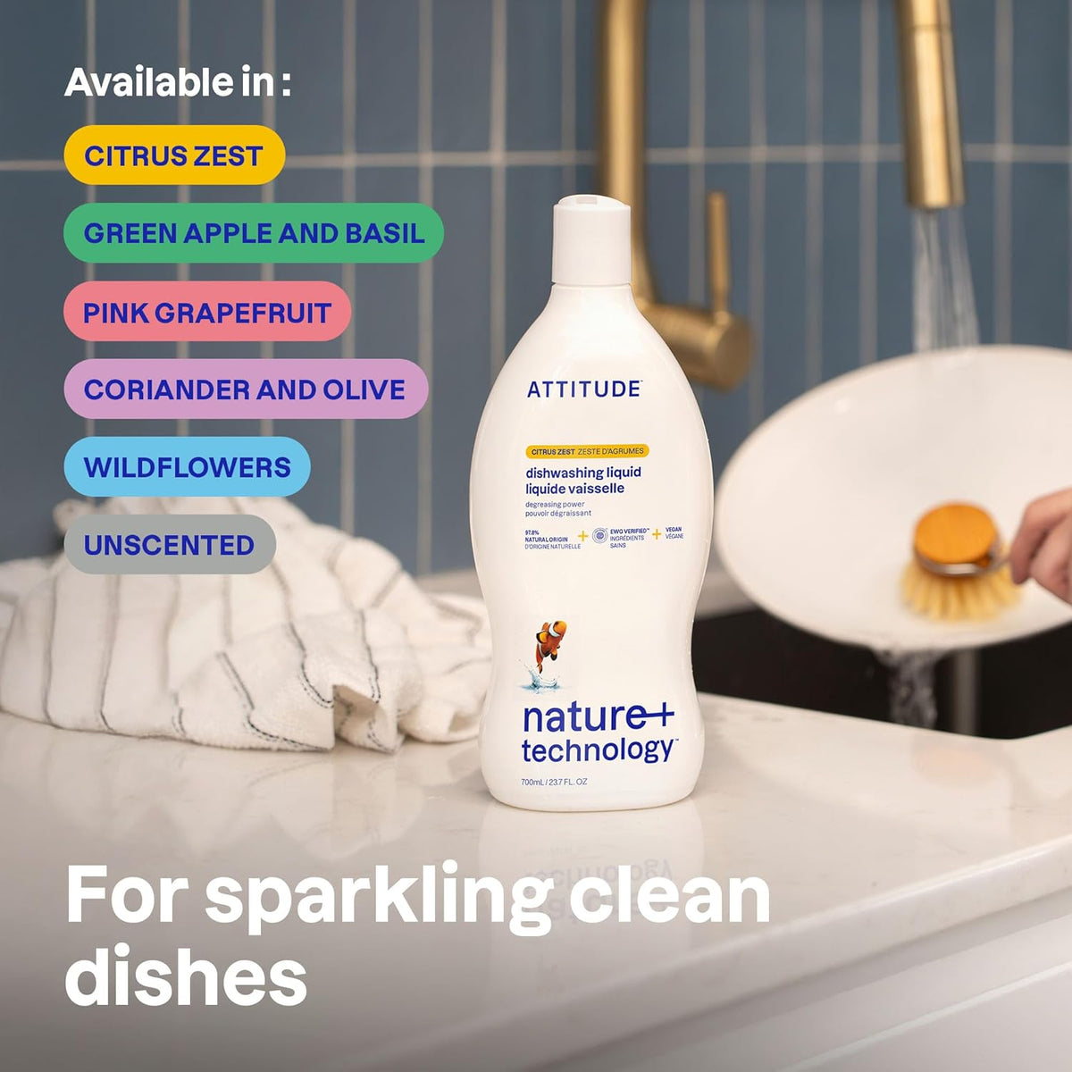 ATTITUDE Dish Soap, EWG Verified, Plant-Based & Vegan Dishwashing Liquid, Naturally Derived, Olive