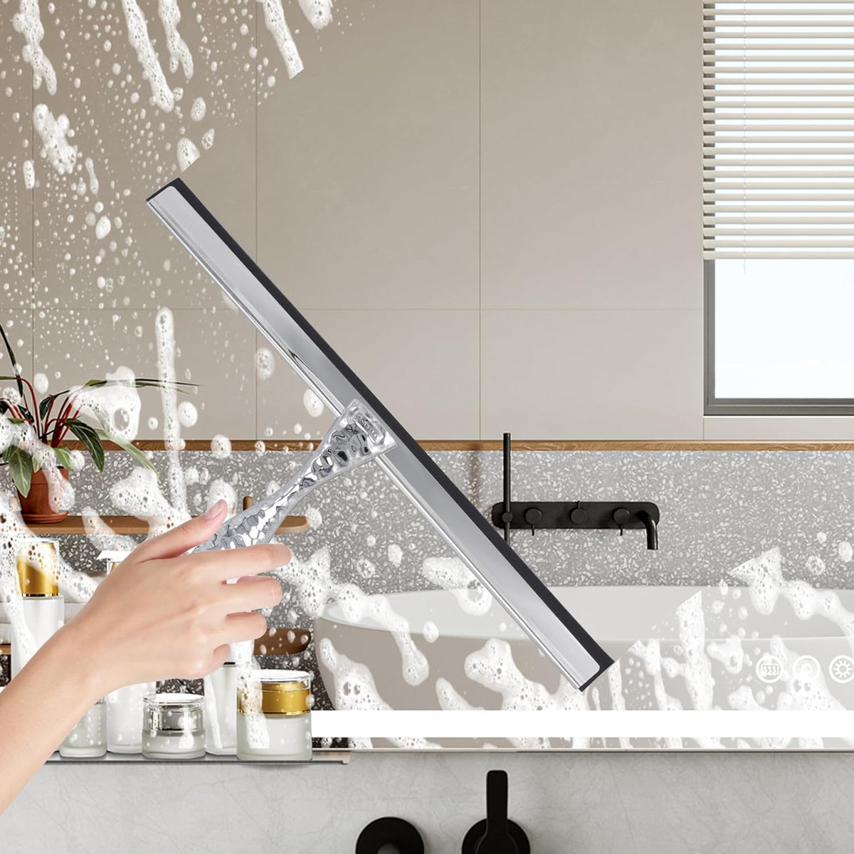 12" Silver Shower Squeegee with Hammered Handle & Waterproof Hook for Glass Doors, Silicone
