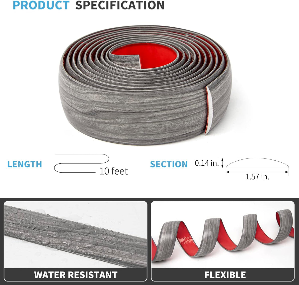 Art3d Self Adhesive Vinyl Strip for Joining Floor Gaps, Carpet Thresholds - 10 FT, 1.57in, Gray