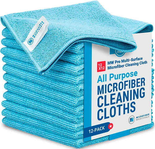 12" x 12" MW Pro Multi-Surface Microfiber Cleaning Cloths | Blue - 12 Pack | Premium Microfiber