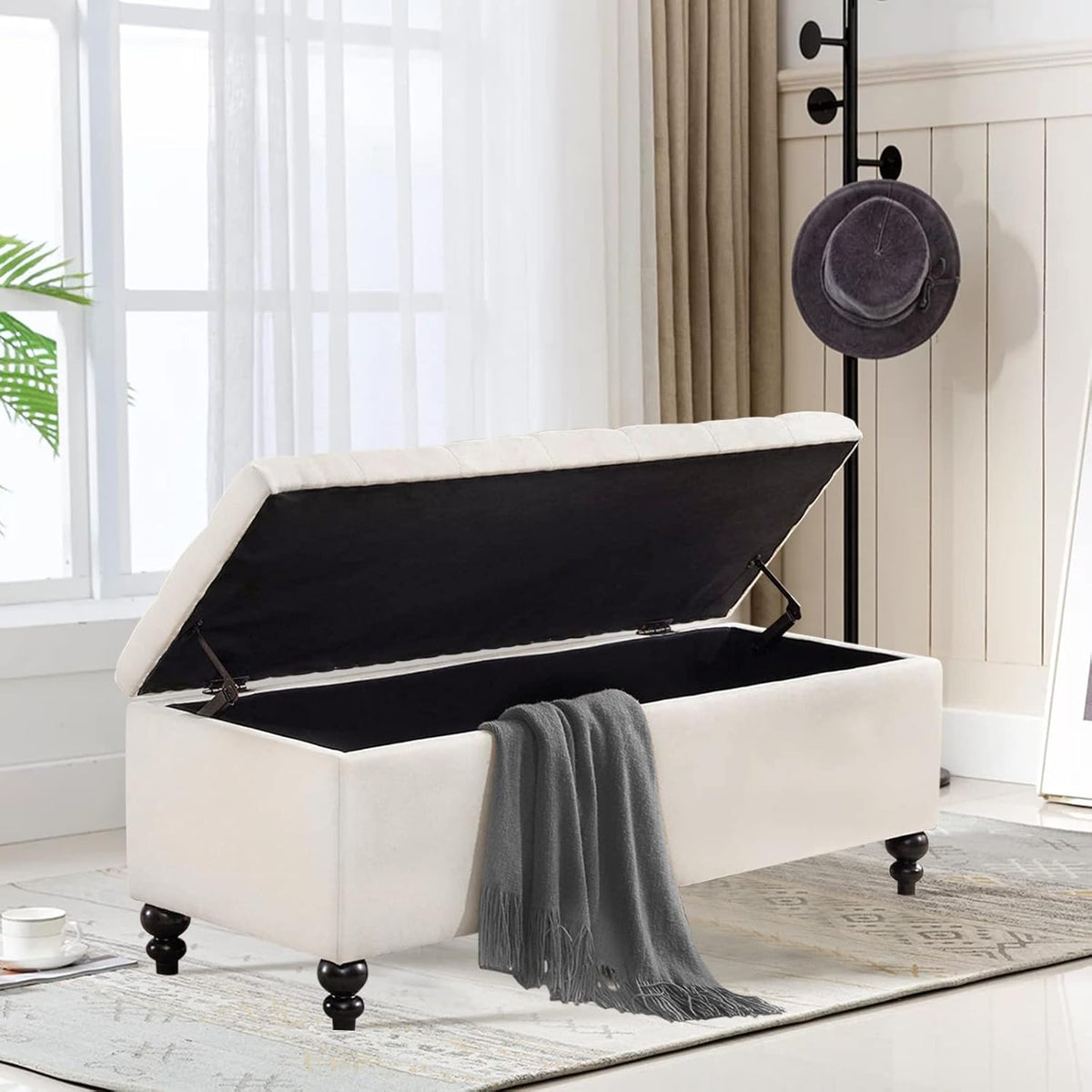 Storage Ottoman 50.2 Inches Upholstered Fabric Storage Ottoman Bench，Button Tufted Ottoman with